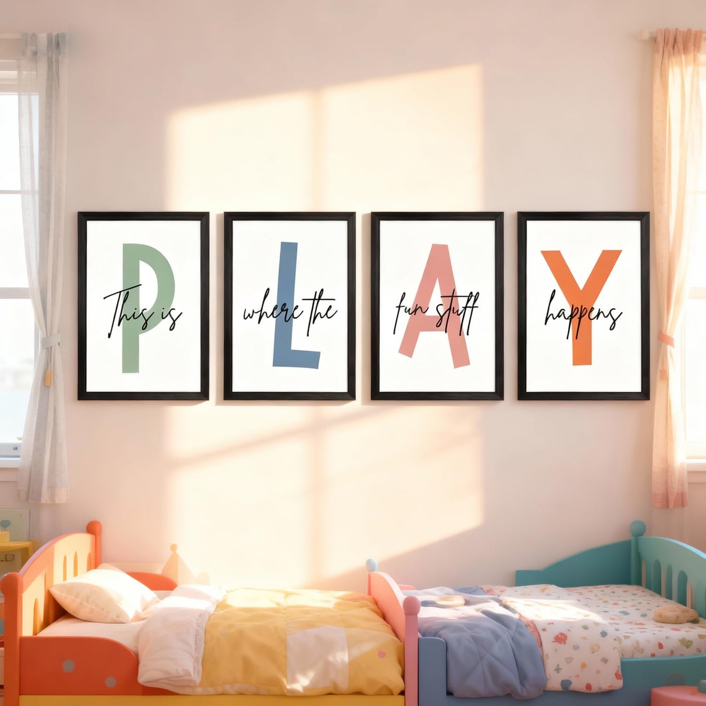 Cute Alphabet Play Framed Wall Art Set of 3, Natural Educational Alphabet Wooden Sign for Baby Girl Kid Boy Toddlers, Black Boho Preschool English Letters Nursery Decor for Homeschool Playroom