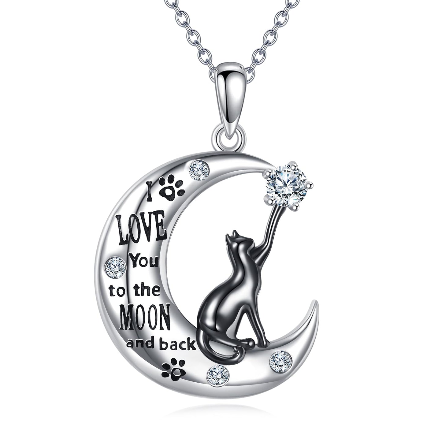 SOACAE Moissanite Cat Necklace 925 Sterling Silver I Love You To The Moon And Back Pendant 0.3ct Lab Created Moissanite Jewelry Black Cat Gifts for Women