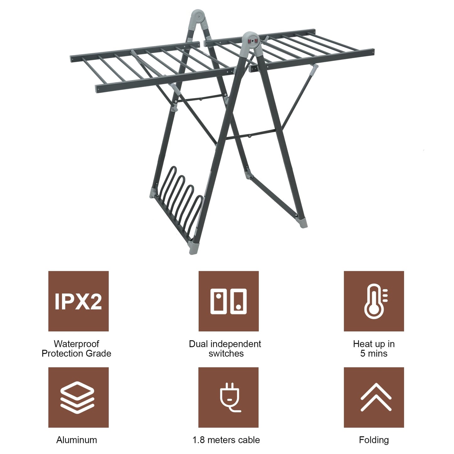 SHARNDY Electric Heating Clothes Drying Rack,Foldable Clothes Drying Rack,Suitable for Drying Clothes, Shoes and Socks.Plug & Play,Space Gray,Aluminum Alloy,One-Click Switch(39.37×52.56×25.98in)