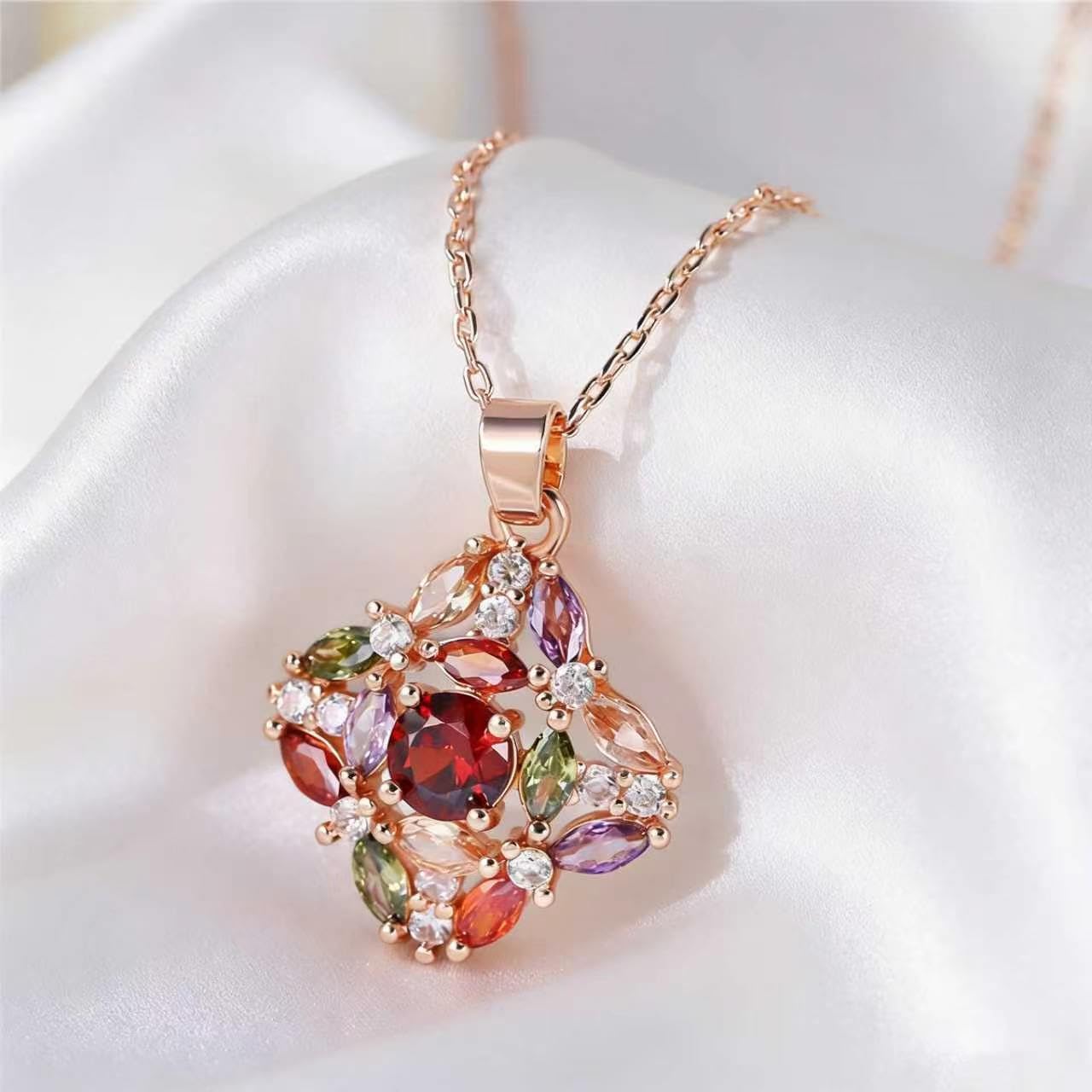 Kim Carrey Italian Elegant Rose Gold Necklace for Ladies | 18K Rose Gold Plated Necklace Pendant for Women | Gemstone necklace, Gift for Daughter, Wife, Mom, Her Jewelry (Elegant Flower)