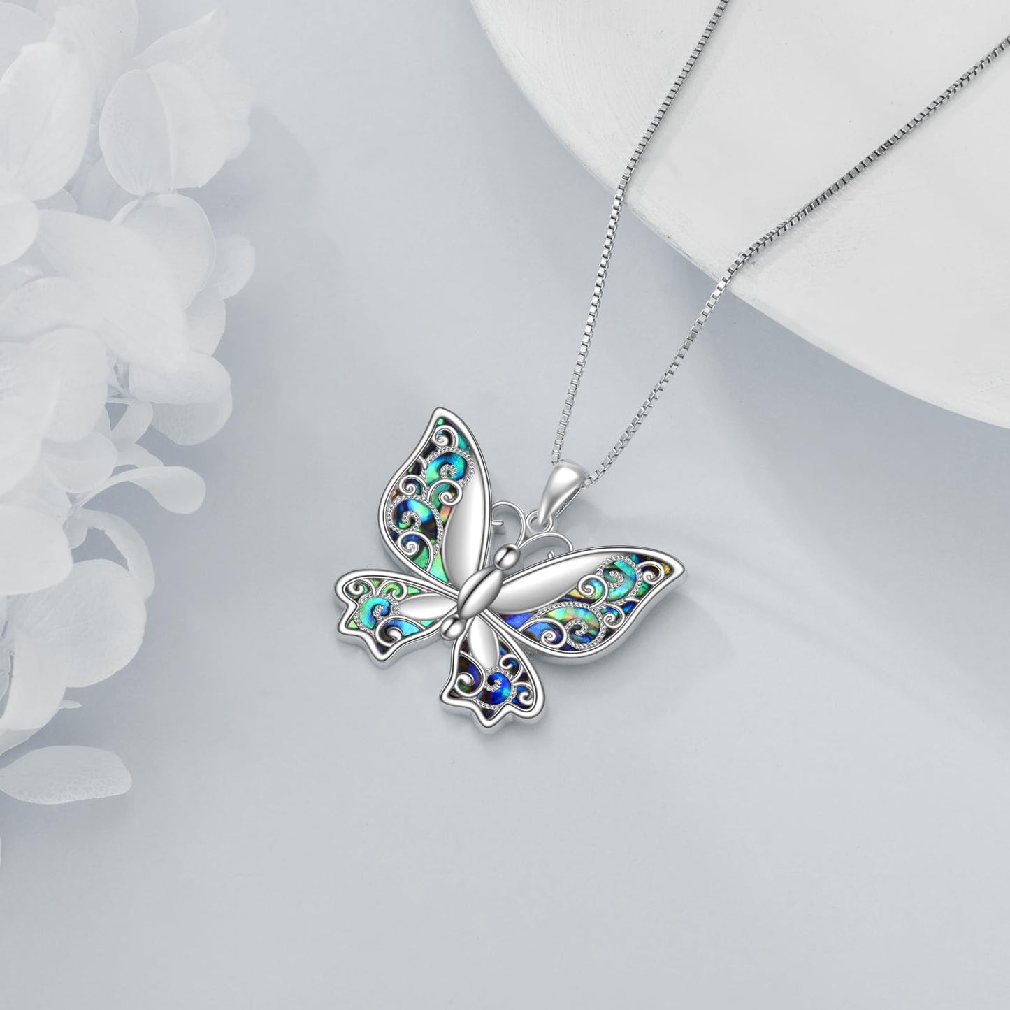 KQF Butterfly Necklace 925 Sterling Silver Filigree Butterfly Pendant Abalone Shell Jewelry Gift for Women Mom Daughter