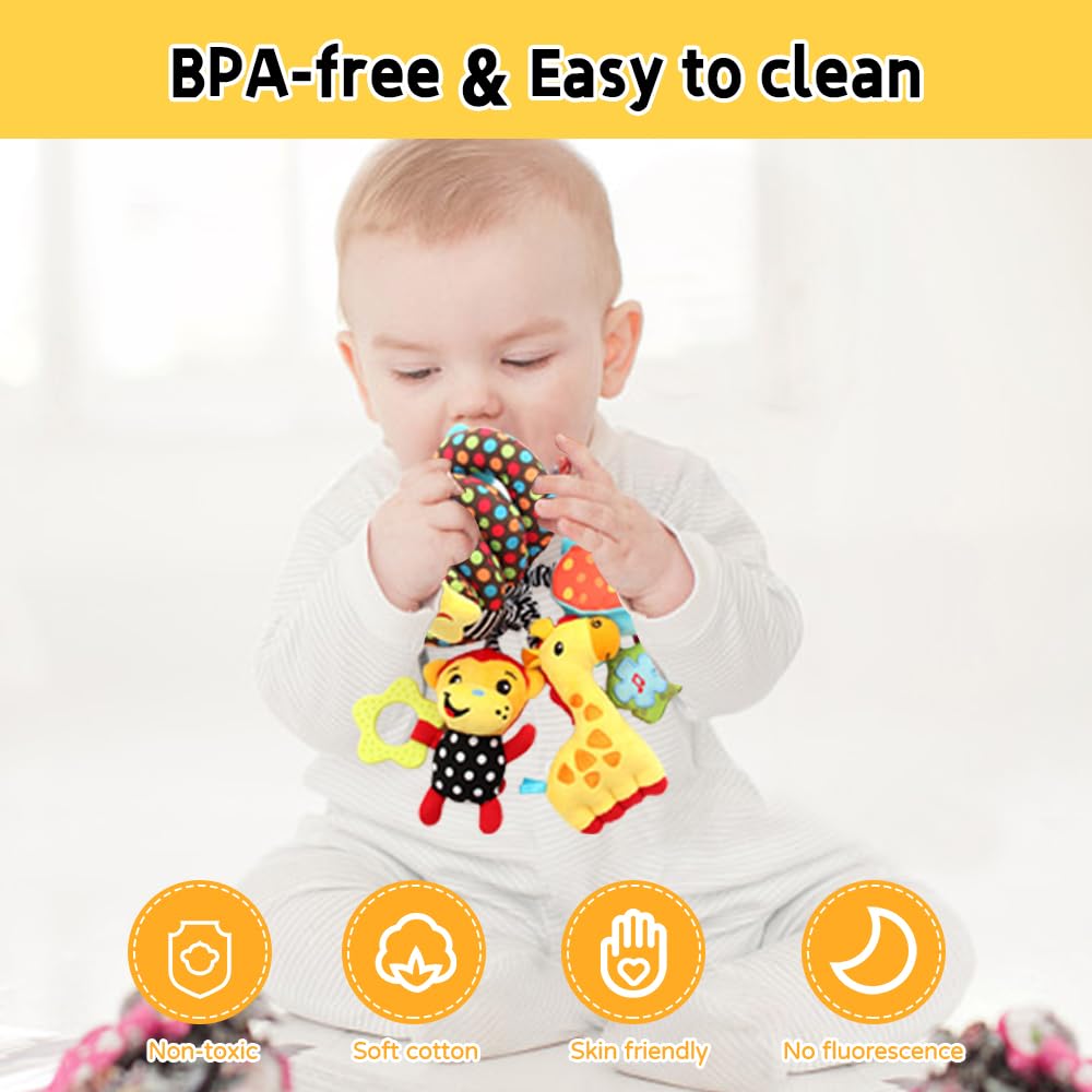 WILLWAY Car Seat Toys, Stroller Toy Baby Spiral Hanging Toys for Sensory Exploration, 0-12 Months Newborn Toys for Car Seat Stroller Crib Bassinet Mobile with Music Box BB Squeaker Rattles