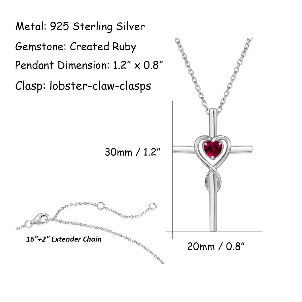 FANCIME Ruby Cross Necklace For Women Sterling Silver Birthstone Necklace Ruby Infinity Heart Cross Pendant July Birthstone Jewelry Gifts Valentines Day Gifts for Women