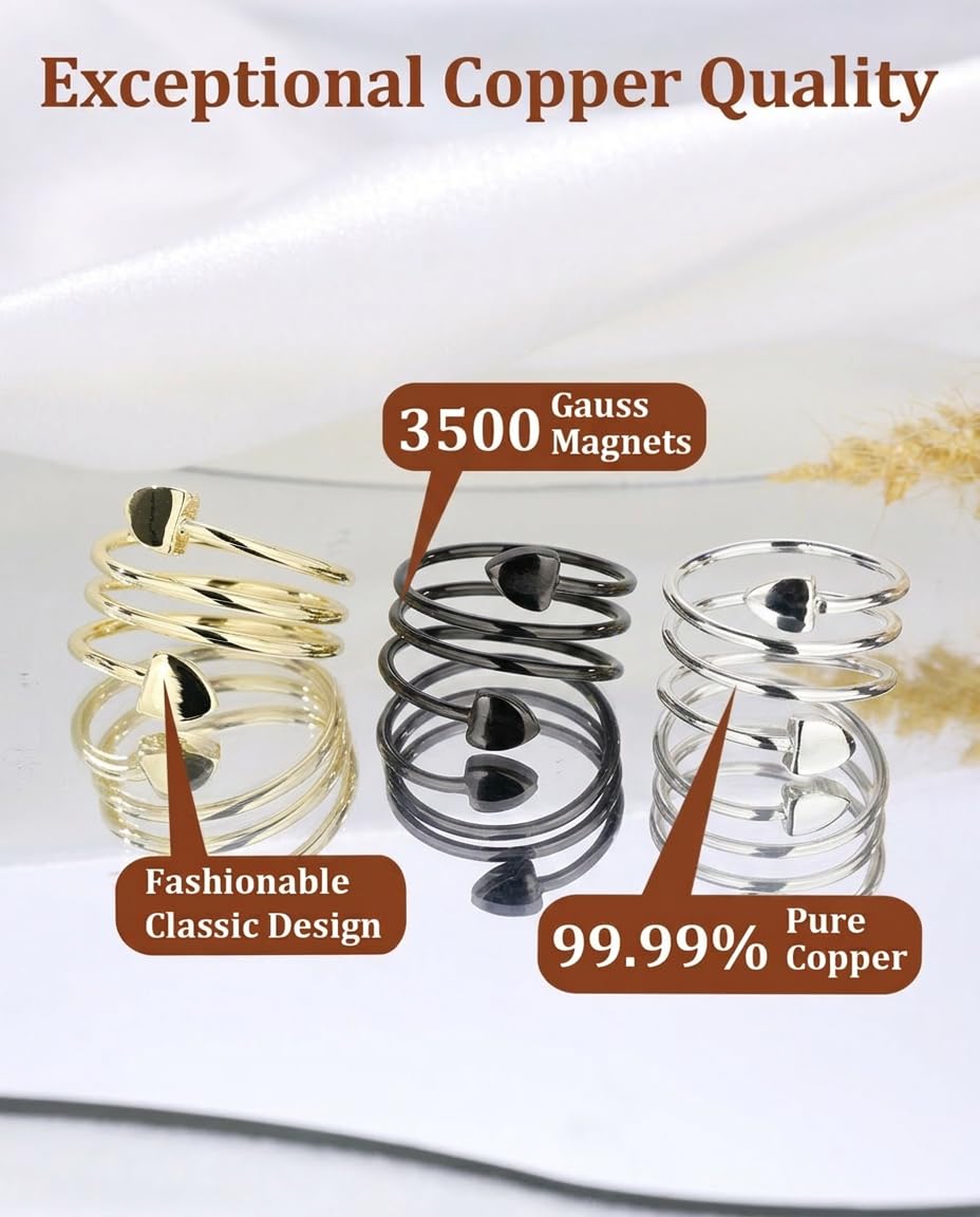 BioMag Copper Rings for Women, 99.99% Pure Copper Magnetic Rings Thumb Rings for Lymphatic Drainage, Adjustable Jewelry Gifts for Women (Black, Silver, Gold)