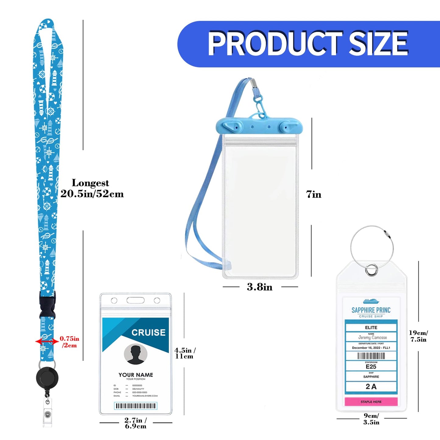 Cruise Ship Essentials 2025, 4 Cruise Luggage Tag Holders, 2 Retractable Cruise Lanyard, 2 Waterproof Phone Pouch and 1 Travel Clothesline for Cruise Ship, Royal Caribbean, Carnival Cruise Lines