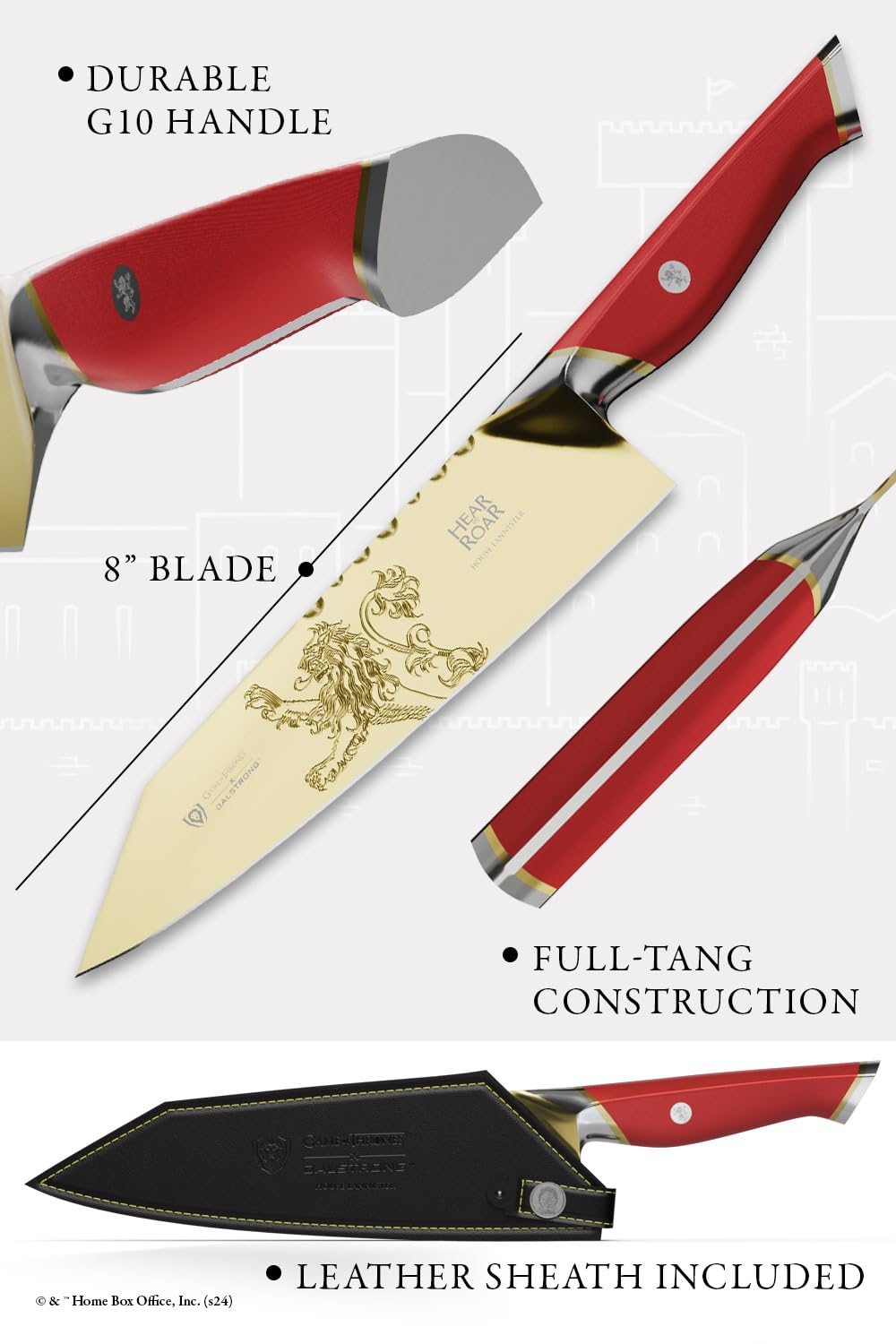 Dalstrong 8 inch Chef Knife- Game of Thrones™ Knife - House Lannister™ Edition - German Premium Steel Full Tang - Professional G10 Handle - Collection Item Toughbuilt Utility Knife- Leather Sheath