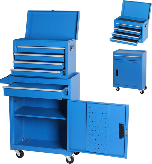 Fsazub 5 Drawers Tool Cart with Wheels & 1 Cabinet,Detachable Portable Top Box,Lock Rolling Tool Chest Trolley Organizer Set,Multifunctional Tool Box w/Storage Lockers for Garage & Workshop (Blue)