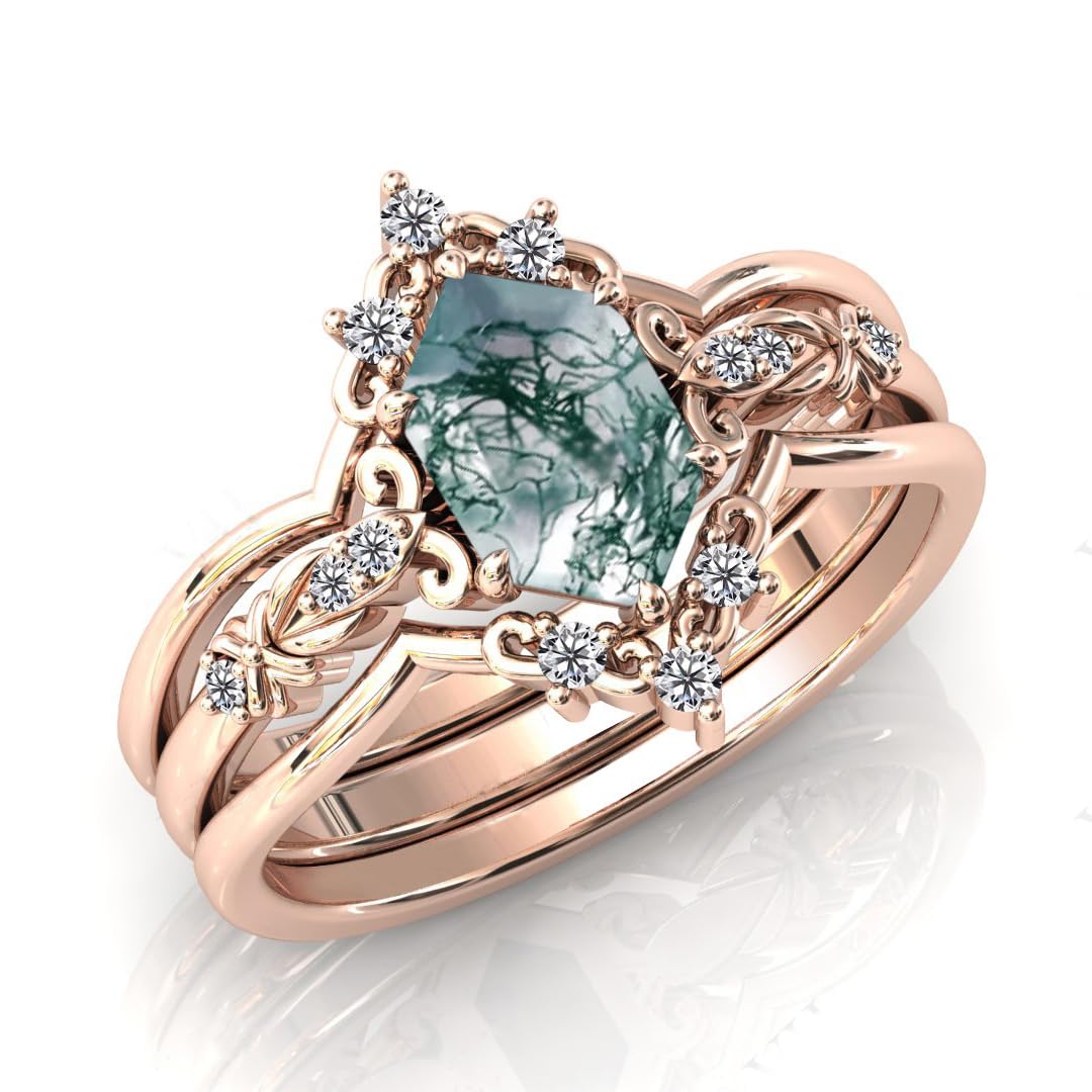 LELOUCHY Natural Moss Agate 925 Sterling Silver Rings Set Leaf Art Deco Hexagon Moss Agate Engagement Wedding Promise Rings Set Vintage Unique Bridal Jewelry Set for Women-9