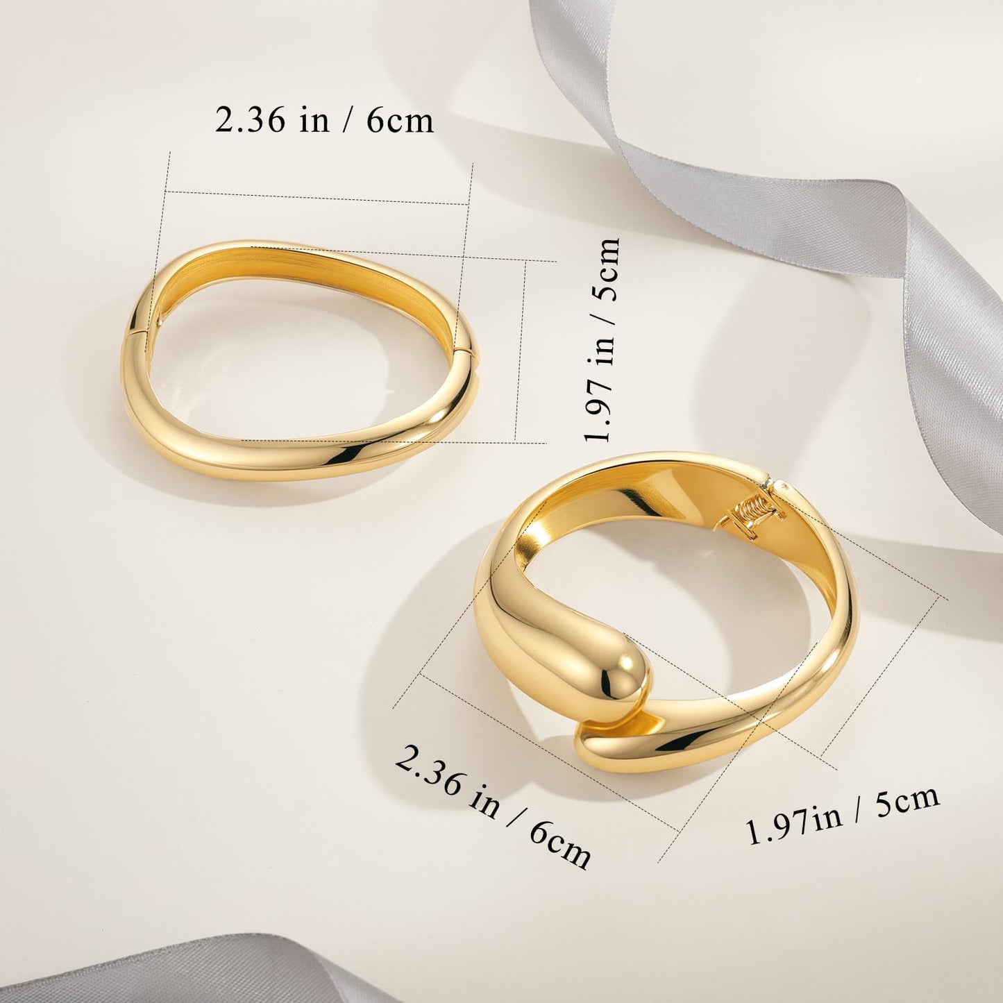 Yowivon Gold Bangles for Women, 2PCS Teardrop Chunky Gold Bracelet Set, Hinged Irregular Bangle Bracelets Stack for Women, Non Tarnish Wrist Cuff, Trendy Jewelry Gifts for Christmas Valentine Birthday