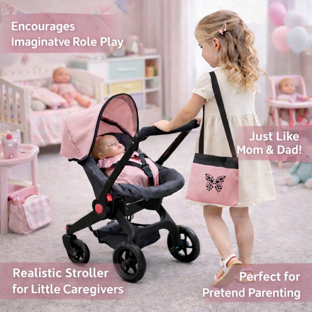 Baby Doll Convertible Travel Stroller for Girls Toddler Play Toy Car Seat Two in One Foldable Carriage for Kids with Diaper Bag Pretend Play Stroller for Doll