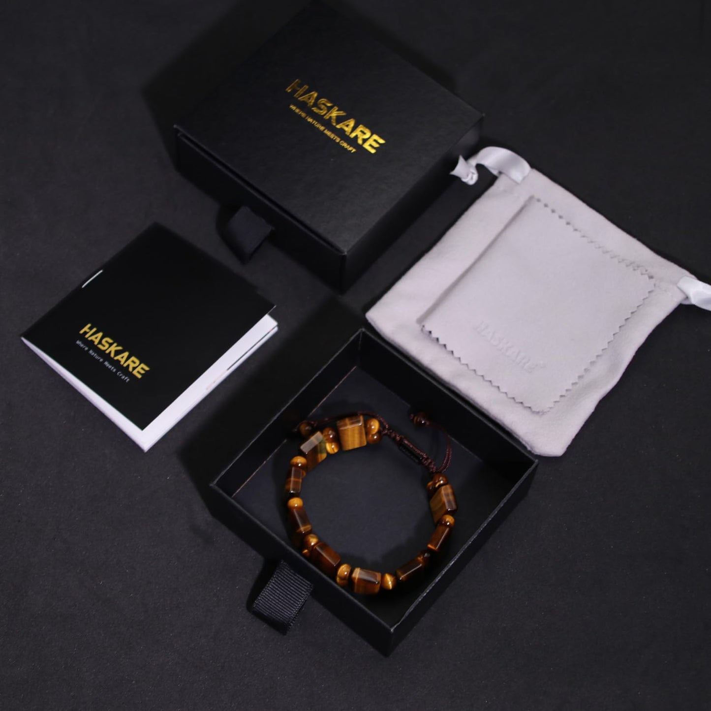 Mens Tiger Eye Protection Bracelet - HASKARE Real Crystals Tiger Eye Beads Bracelet Handcrafted Brown Stone Gifts for Him, Durable Drawstring Mens Jewelry Bracelets Stuffers for Men Fathers Day Christmas