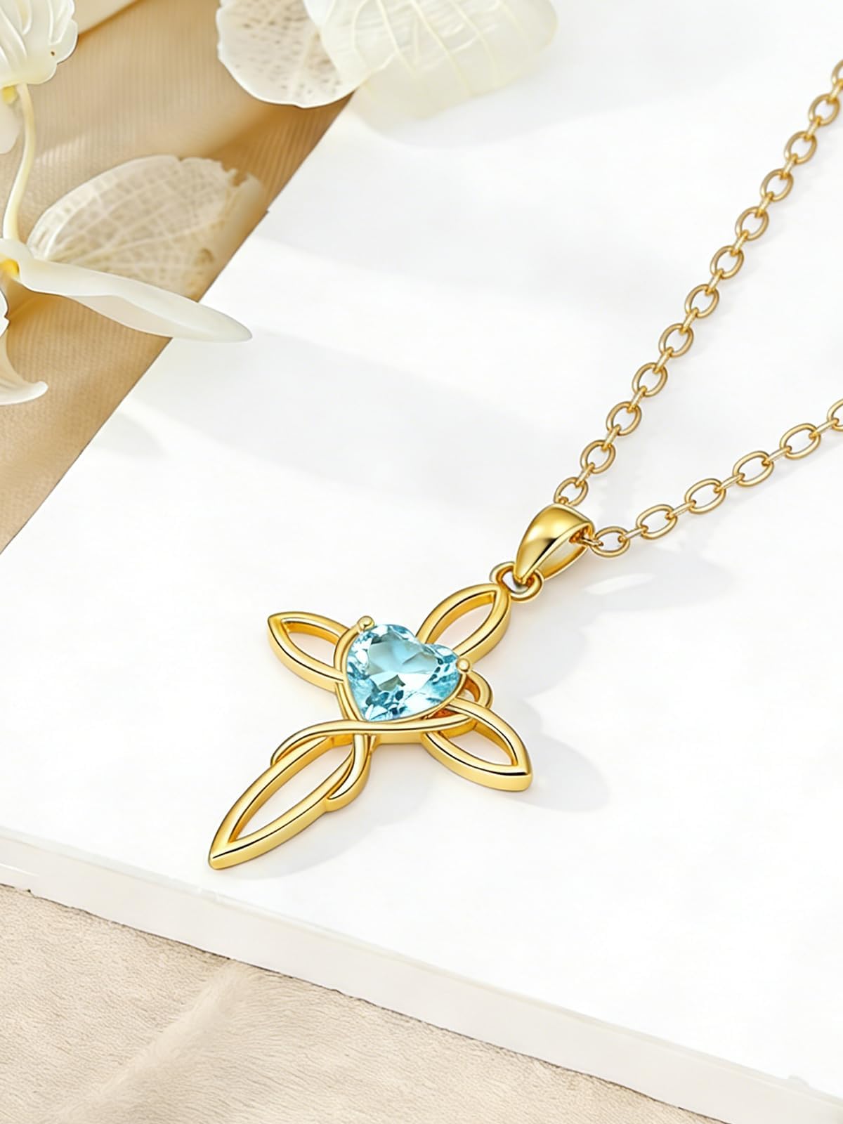 POIUY Celtic Knot Cross Birthstone Necklace for Women 14K Gold Irish Infinity Heart Pendant Cross Jewelry Anniversary Valentines Birthday Mothers Day Gifts for Mom Wife Her
