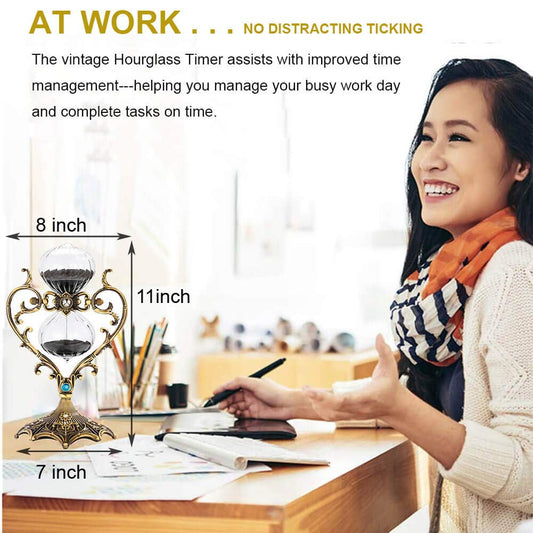 SuLiao Hourglass Timer 30 Minute Sand Timer, Antique Engraved Brass Sand Clock, Rotating Black Sand Watch 30 Min, Vintage Metal Reloj De Arena, Unique Glass Sandglass for Home, Desk, Office Decorative