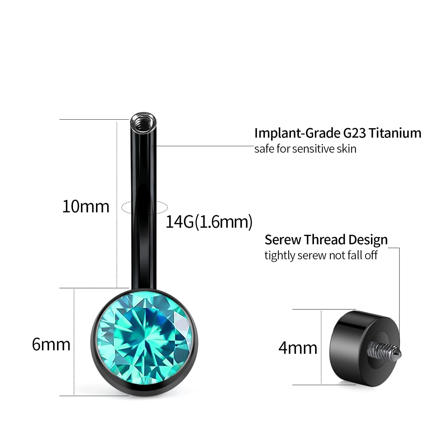 XUU Titanium Belly Button Rings, Black & Silver – 14G Internally Threaded Navel Piercing Jewelry, 10mm & 12mm Curved Barbells with 7 Colors Gems – Hypoallergenic (Black-Ocean Blue cz, 10MM)