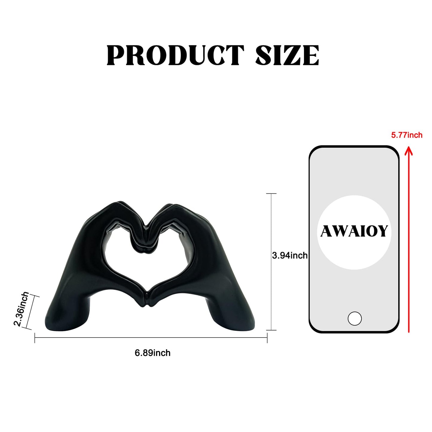 AWAIOY Black Heart Hands Sculpture Medium 6.9" Resin Love Statue, Modern Dark Aesthetic Shelf Decor for Teen Bedroom, Unique Romantic Figurine Gifts for Women Him Art