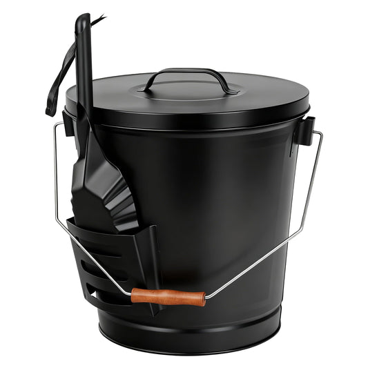 F2C 5.5 Gallon Large Ash Bucket with Lid and Shovel Fireplace Tool Set,Galvanized Metal Coal and Hot Ash Pail for Fireplace, Fire Pits, Wood Burning Stoves, Grill, Outdoor,Home Black