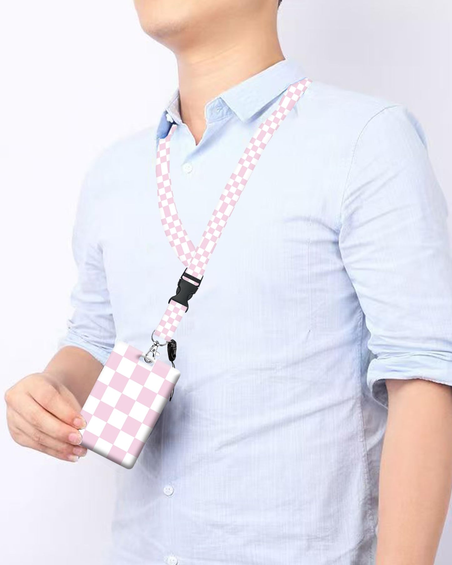 ID Badge Holder with Retractable and Detachable Lanyard, Cute Badge Reel Breakaway Lanyard with Carabiner Clip for Women, Teachers, Nurses, Students, Perfect Work and Office(Pink Plaid)