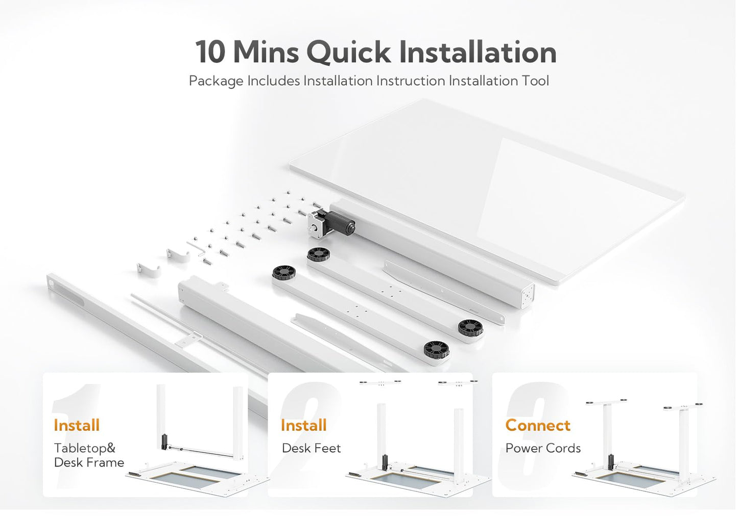 Claiks Glass Standing Desk, 48x24 Inch White Standing Desk Adjustable Height Electric Stand Up Quick Install for Computer Desks, Super White