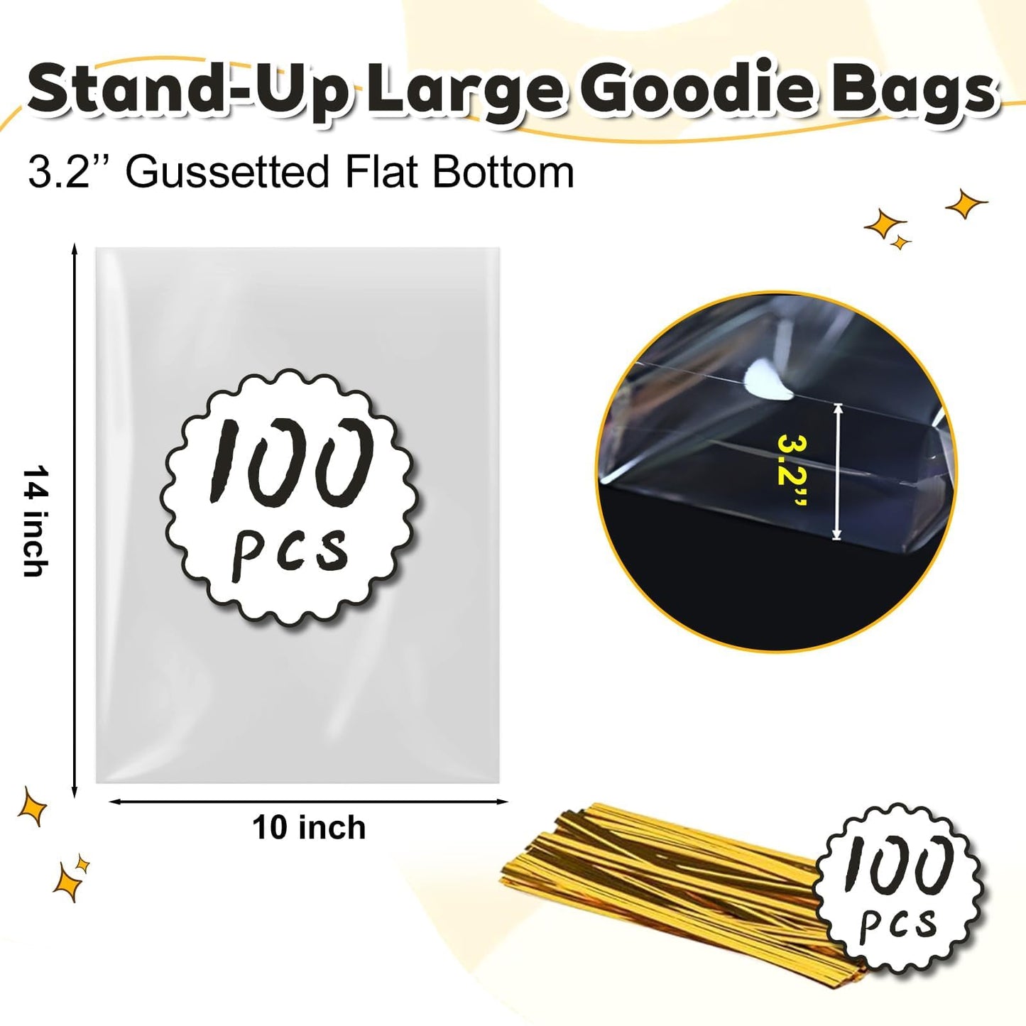 PigPotParty Cellophane Bags 10x14 Inch, 100 Pack Clear Plastic Gift Bags with Bottom Gusset for Stand-Up Display, Medium Cello Wrap for Large Goodies, Treats, Party Favors, Mugs, Includes 100 Ties