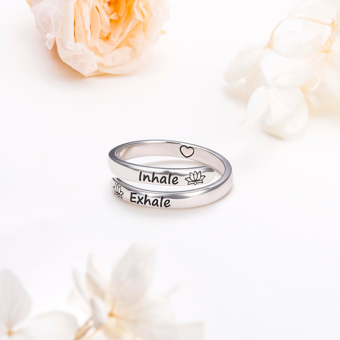 Ladytree Adjustable Inspirational Rings 925 Sterling Silver Yoga Lotus Flower Stacking Wrap Spiral Twist Statement Band Encouragement Hope Ring Jewelry for Women Men(Inhale Exhale)
