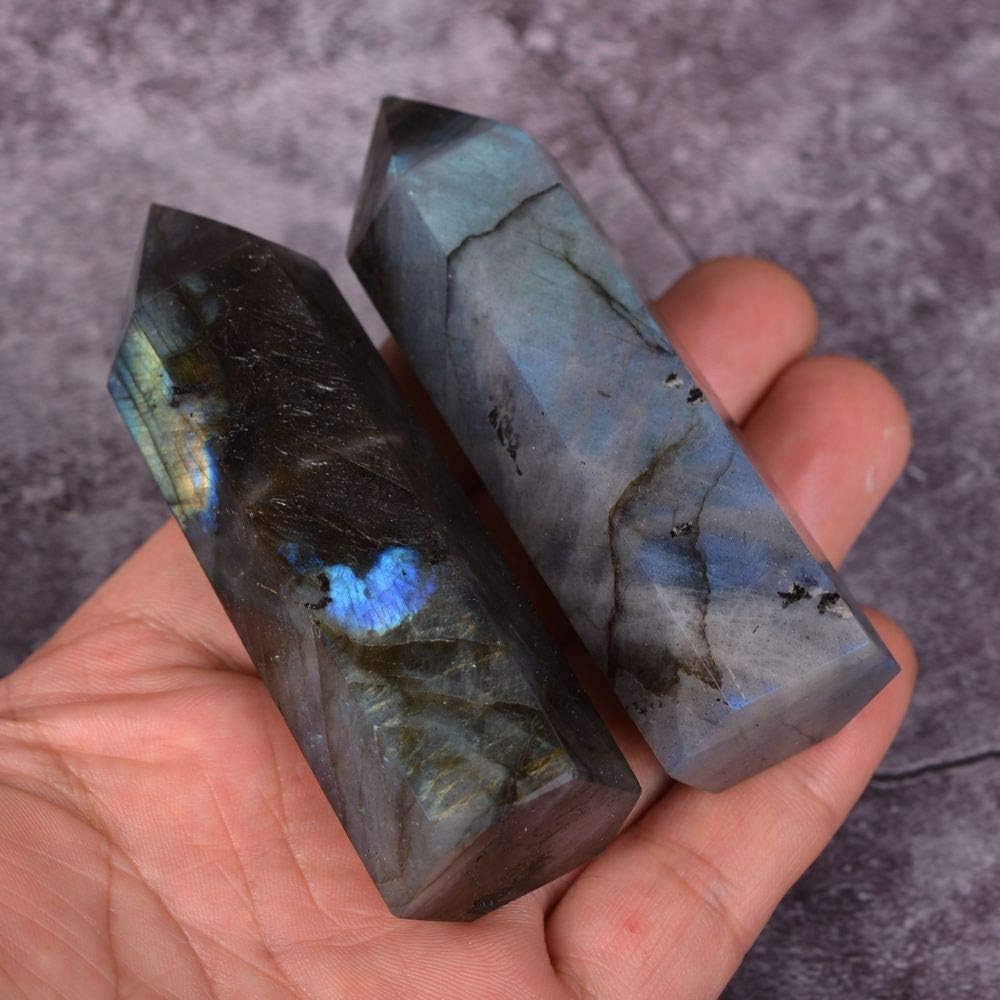 Angelstones Natural Labradorite Gemstone Healing Crystal Hexagonal Pointed Reiki Chakra Faceted Prism Wand Carved Stone Figurine Home Decor