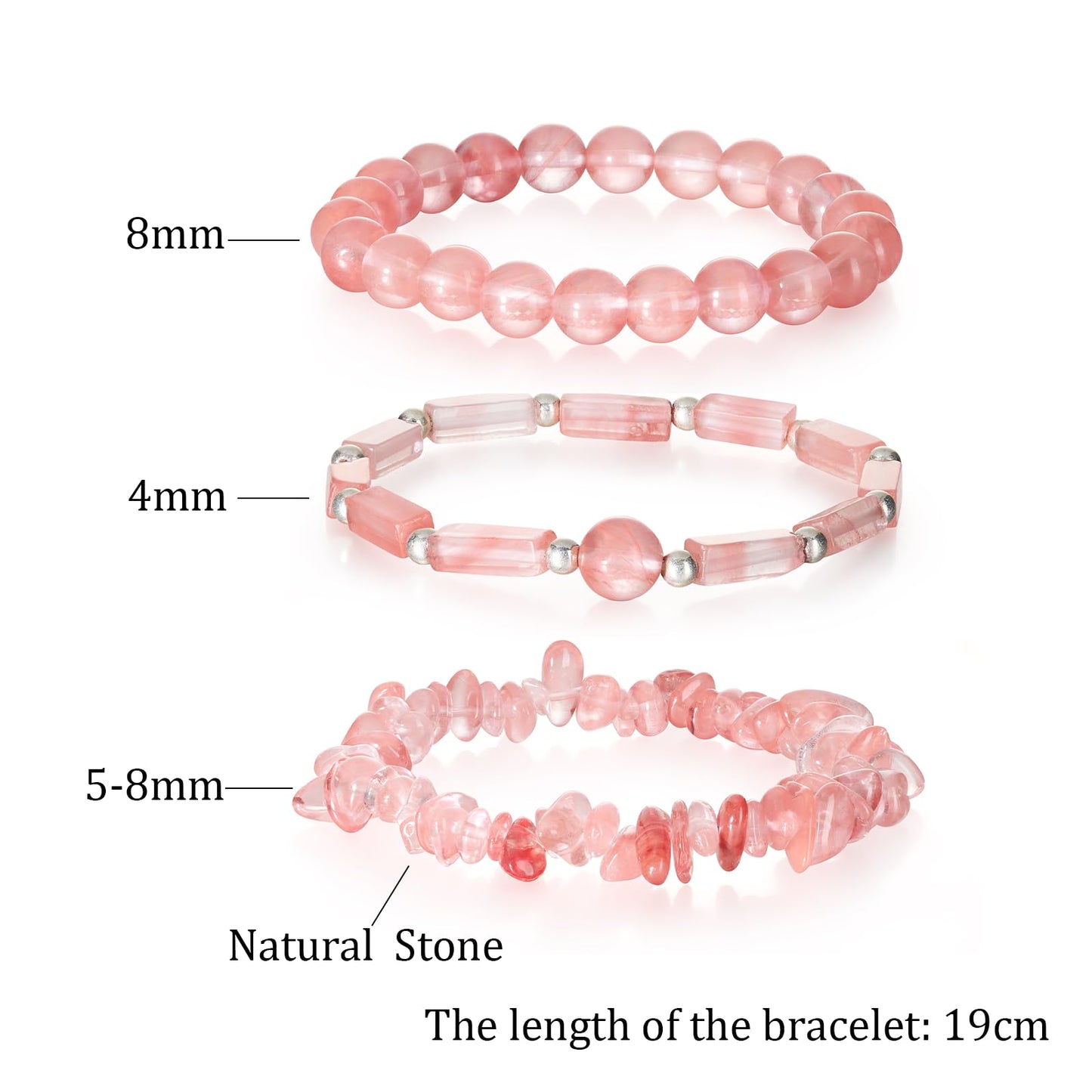 3 Pcs Watermelon Cherry Quartz Bracelet for Women 8mm Watermelon Quartz Crystal Bracelet for Women Hematite Jewelry Natural Healing Protection Stone Bracelets Beaded Bracelets Gift for Men Women