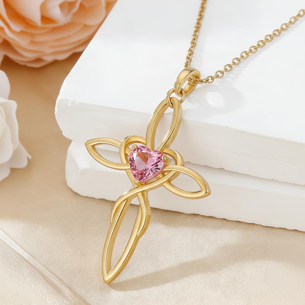 POIUY Celtic Knot Cross Birthstone Necklace for Women Irish Infinity Heart Pendant Cross Jewelry Baptism Faith Anniversary Valentines Birthday Mothers Day Gifts for Mom Wife Her