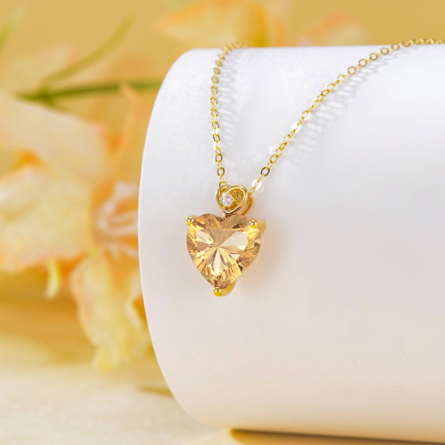 NFYBD 14k Gold Love Heart Citrine Birthstone Pendant Necklace for Women 3 Carat Heart-cut Created Gemstone Anniversary Birthday Mother's Day Necklaces for Her 16+1+1 inch-Nov