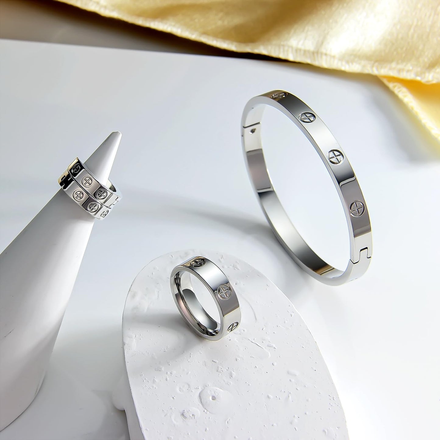 3 Pcs Hoop Earrings Bracelets Ring Sets for Women-18K Gold Plated Love Bracelet Cubic Zirconia Cuff Bangle Hoop Earrings Friendship Love Ring Jewelry Set,Wedding Party Christmas Valentine's Day Birthday Gifts for Her Girlfriend Sister Daughter