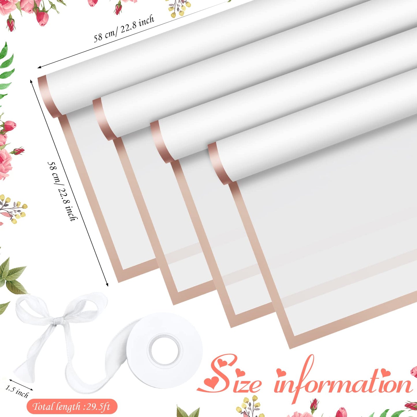 Fainne 40 Pcs Mothers Day Flower Bouquet Wrapping Papers Waterproof Floral Wrapping Paper with Gold Edge Florist Floral Bouquet for DIY Florist Supplies, 22.8 x 22.8 in(White)