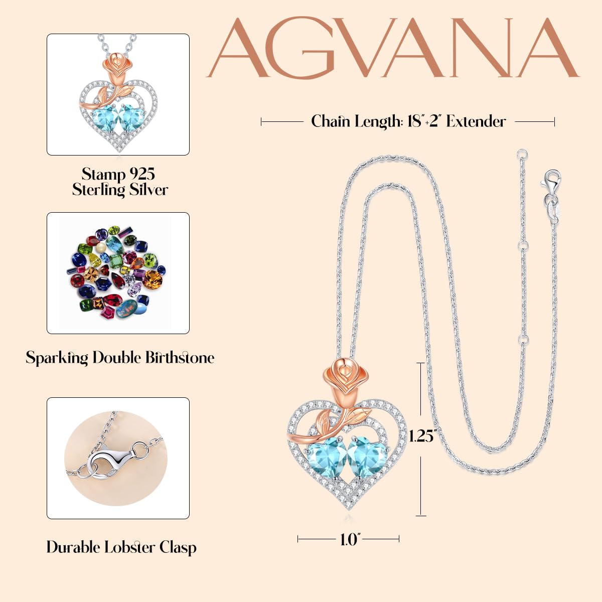 AGVANA January August Birthstone Jewelry Garnet Peridot Necklace Sterling Silver Rose Flower Heart Double Birthstone Pendant Necklace Anniversary Birthday Gifts for Women Mom Wife Lady Her