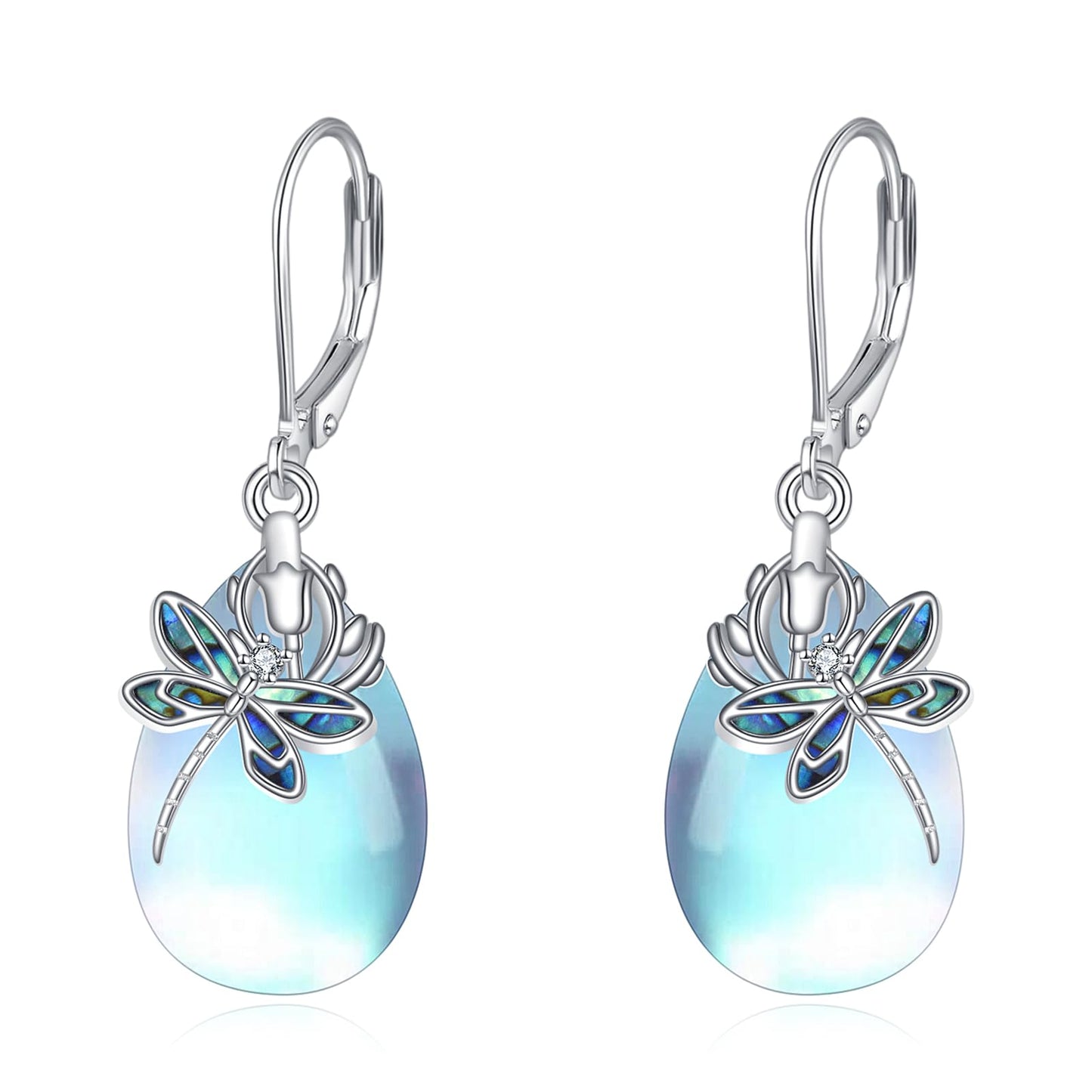 TIGER RIDER Bee/Butterfly/Scorpion/Cactus/Leaf/Beetle 925 Sterling Silver French Clasp Leverback Earrings Amber/Crystal/Citrine/Moonstone/ Obsidian/Jade/Rose quartz Pendant Jewelry Gift for Women (moonstone-dragonfly)