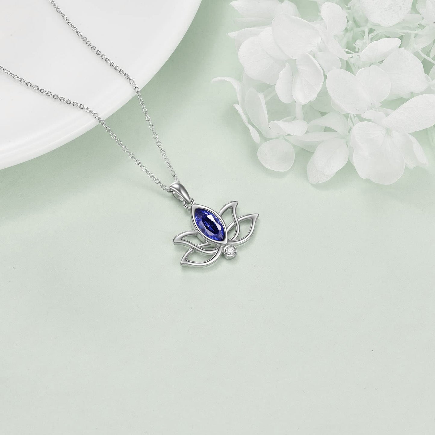 YFN Lotus Necklace Sterling Silver September Birthstone Pendant Created Blue Sapphire Jewelry Gifts for Women (Sep)