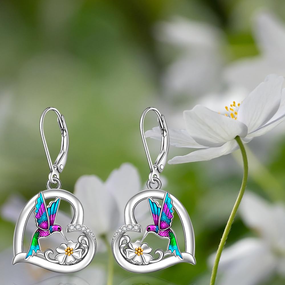 Hummingbird Earrings for Women Sterling Silver Purple Hummingbird Dangle Heart Flower Cute Bird Jewelry Filigree Memorial Mothers Day Healing Gifts