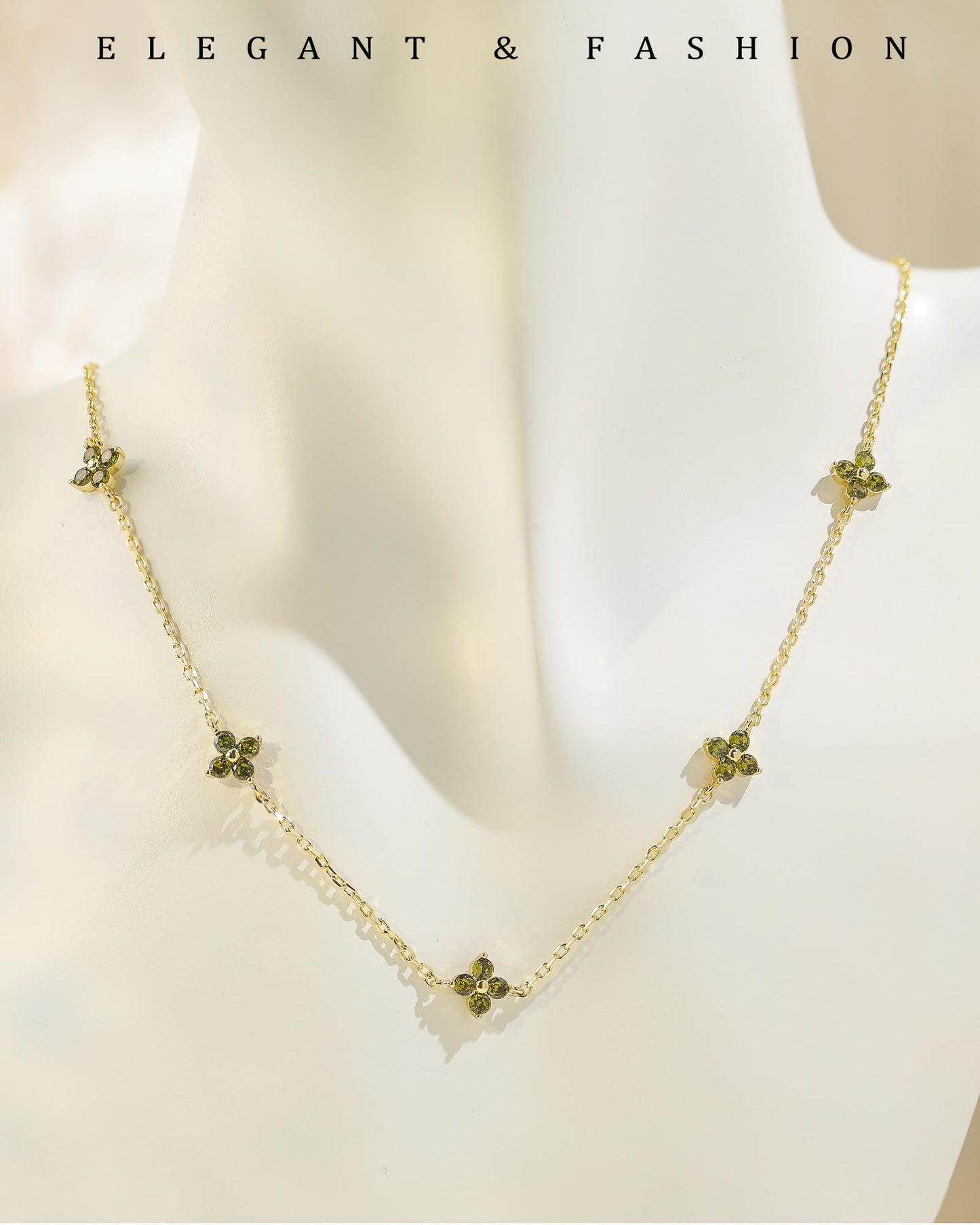 ZHESHY Birthstone Gold Necklace for Women Dainty Non Tarnish 14K Gold Plated Diamond Choker Necklaces Clover Cubic Zirconia Station Necklace Gold Jewelry Gifts