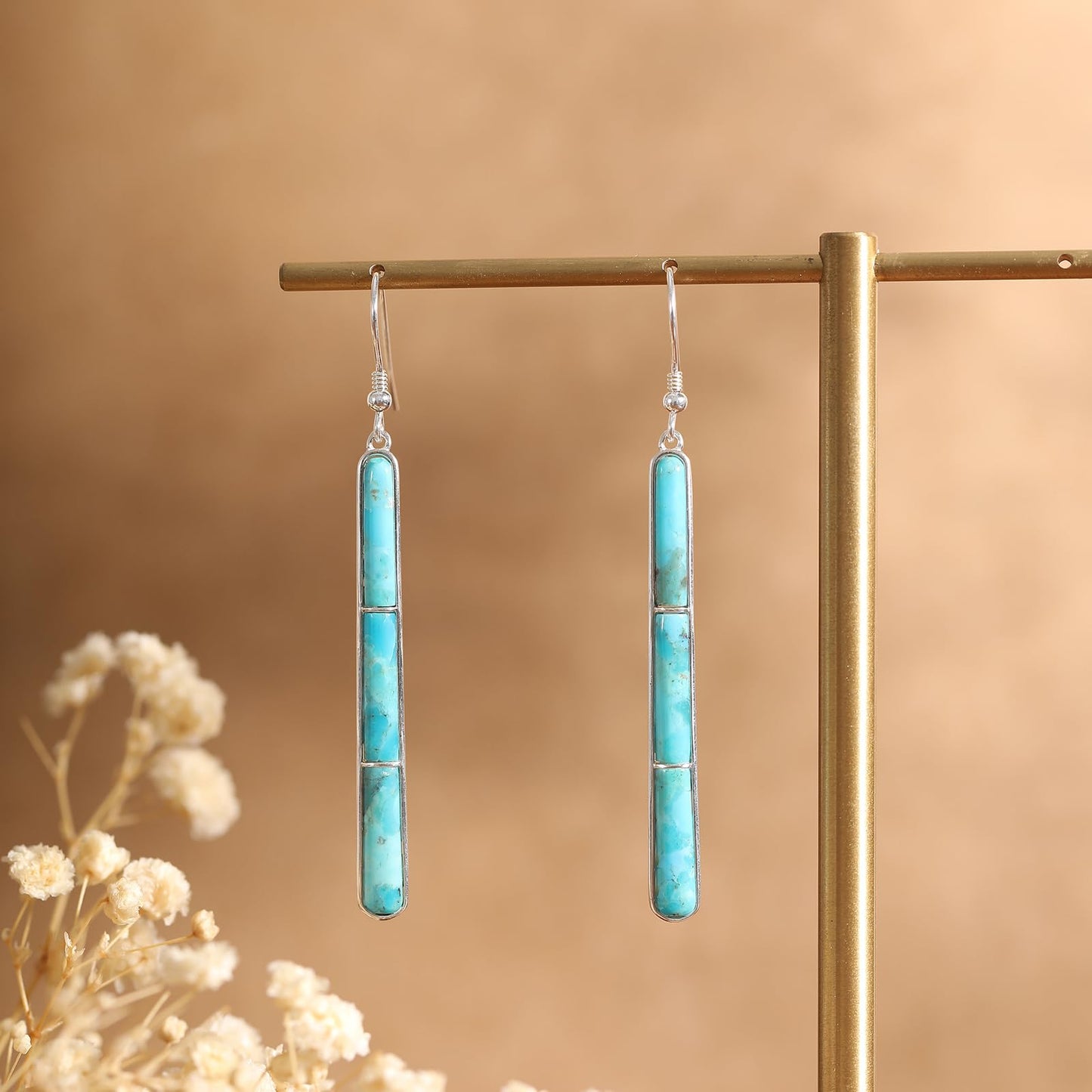 Phyonio Turquoise Earrings for Women 925 Sterling Silver Gemstones Dangle Earrings Bohemian Style Statement Bar Earrings Dangle Earrings for Women Earrings Valentines Gifts