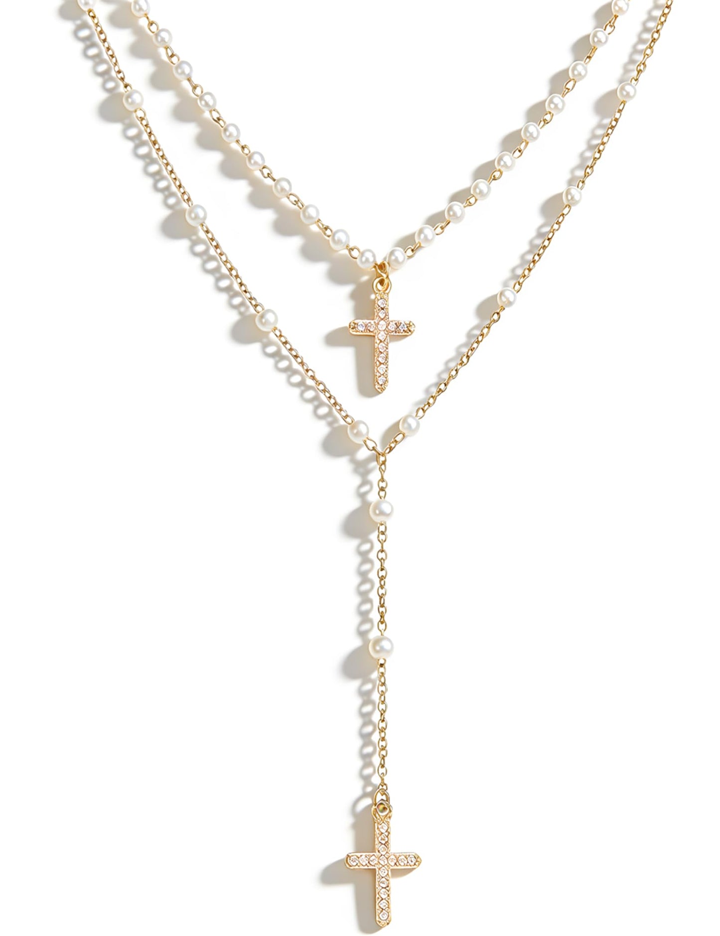 2PCS Layered Gold Cross Necklaces for Women Trendy, Bohemian Bead Pearl Y Long Pendant Necklace Set, Vintage Rosary Necklace Stack Adjustable Length
