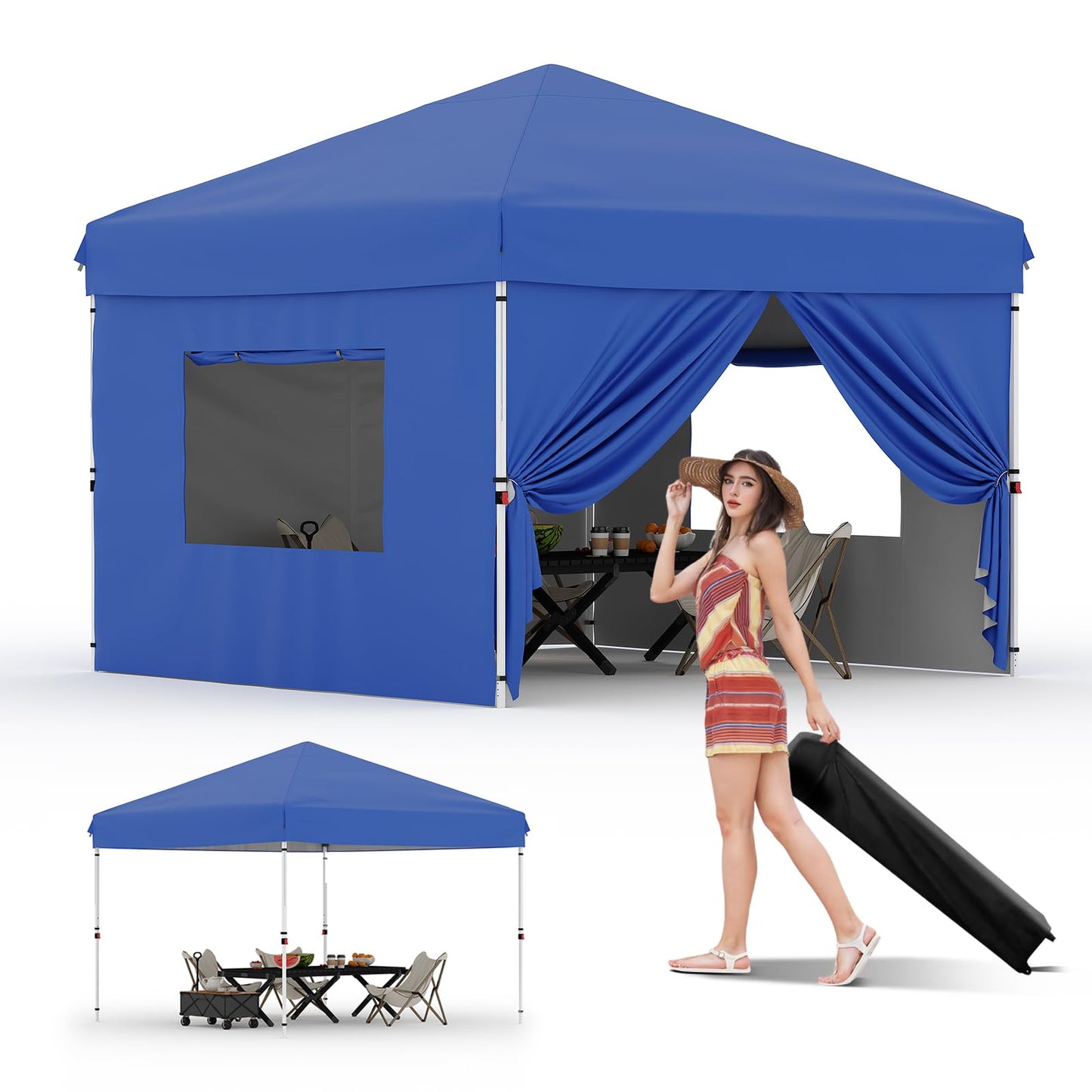 GarveeLife 10x10 Pop Up Canopy with 4Pcs Sidewalls Easy Up Camping Tent with One Button Push Setup 1 Roller Bag 3 Adjustable Height 4 Weight Bags (Blue)