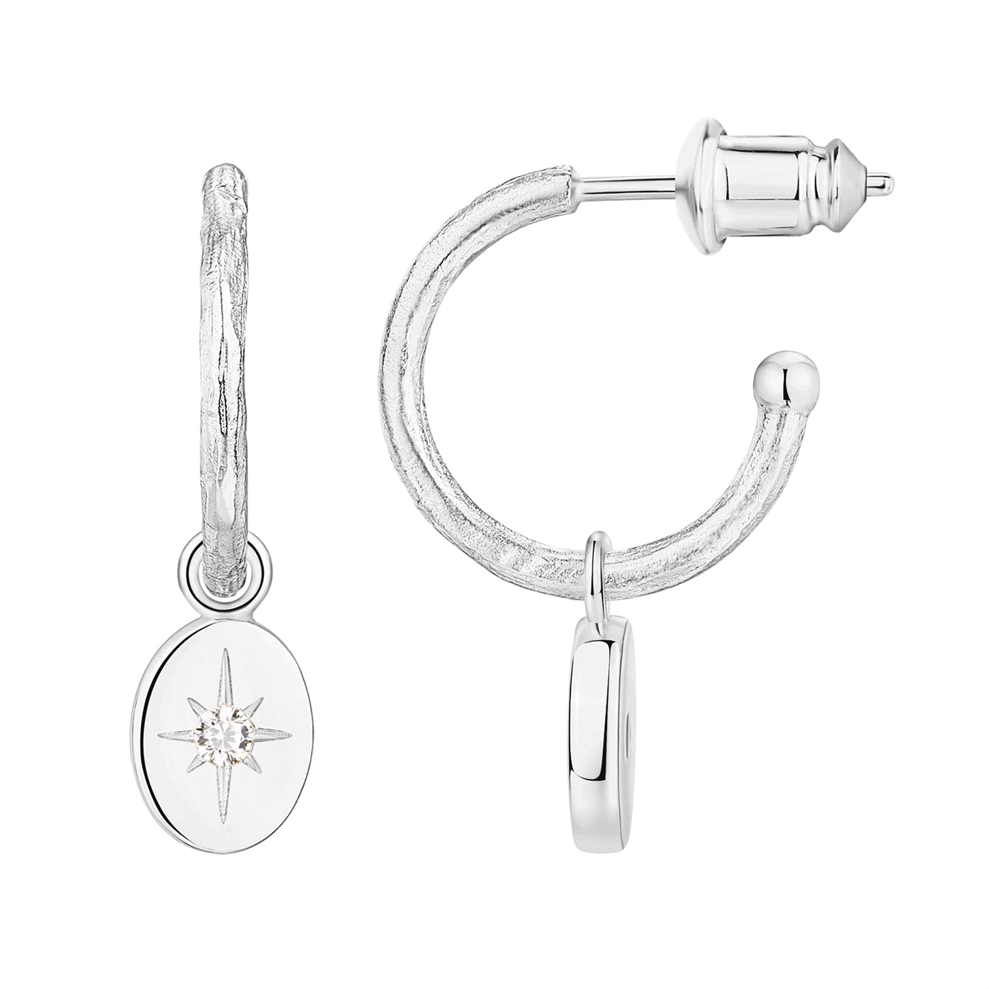 PAVOI Rhodium Plated 925 Sterling Silver Post Celestial Dangle Huggie Hoop Earrings For Women - Trendy Starbusrst Drop Open Hoop Earrings - Cubic Zirconia Small Hinged Hammered Huggies