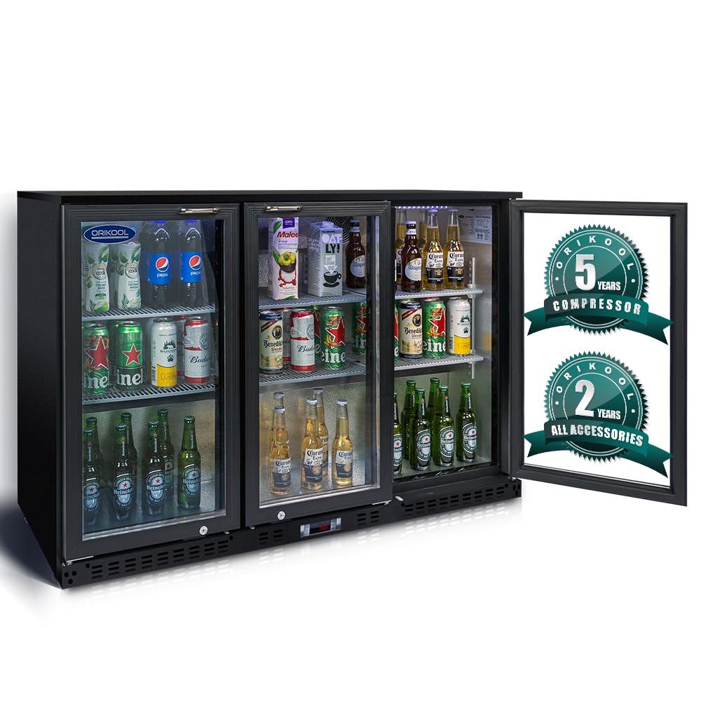 ORIKOOL Back Bar Cooler - 480 Can Capacity Beverage Refrigerators, 3 Hinged Glass Doors, LED Lighting, Adjustable Shelves, Safety Door Lock, Perfect for Bars, Restaurants & Home