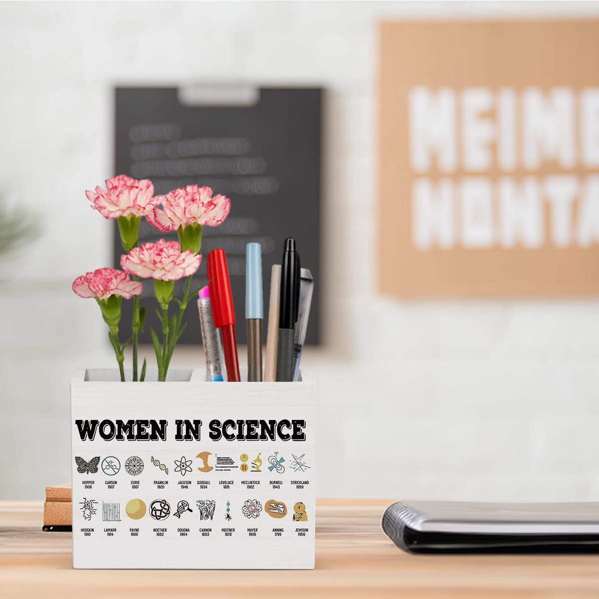 Women in Science Pencil Holder Decor Science Teacher Gifts Chemistry Theme Wooden Organizer Vase for Office Home Desk Table Teacher Appreciation Gifts for Office