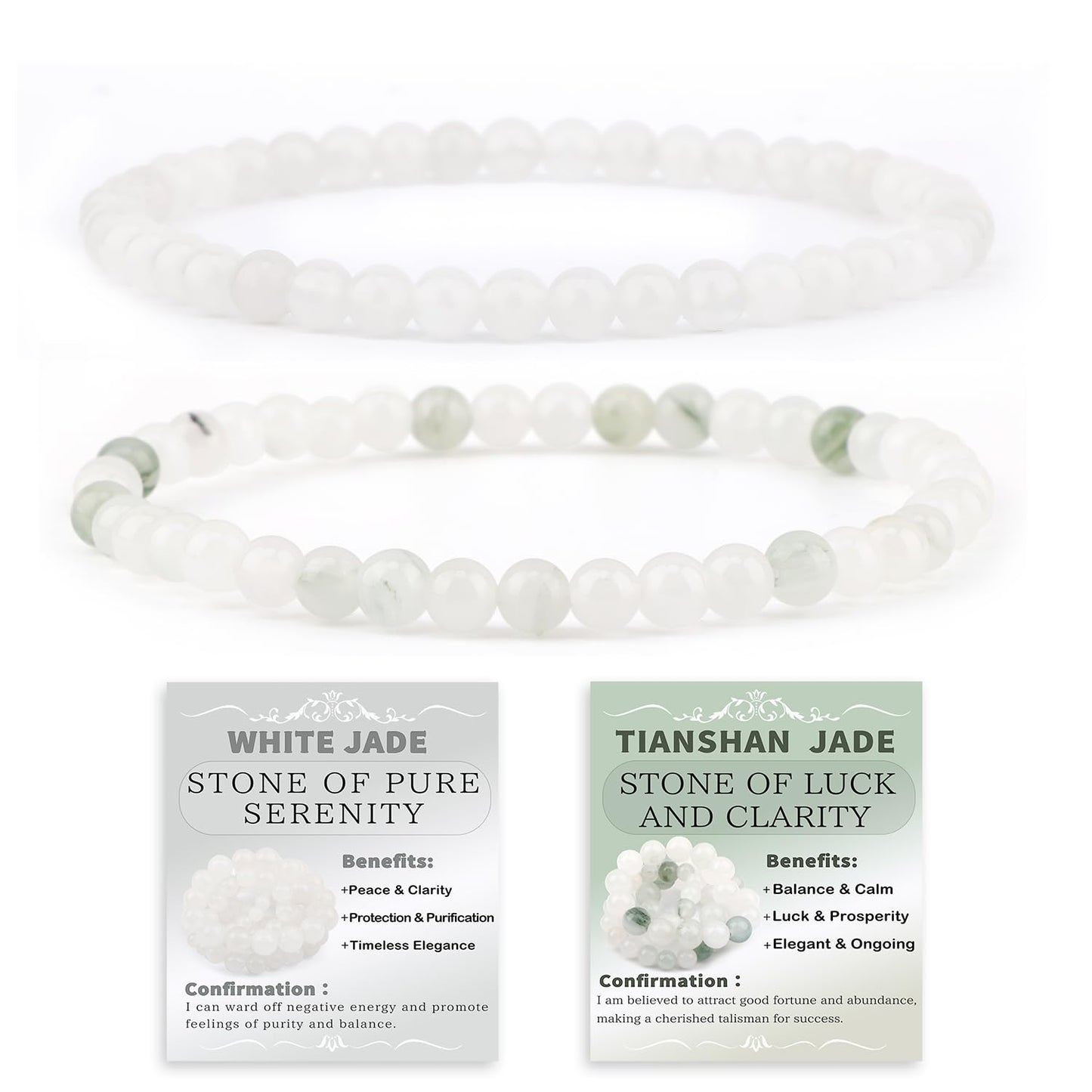 NCB 2-Piece 4mm Natural Crystal Gemstone Stretch Bracelets – ﻿Tianshan Jade, White Jade Handmade Reiki Energy Healing Jewelry for Meditation,Yoga, Unisex