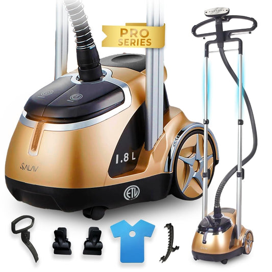 SALAV® Professional Standing Garment Steamer with Retractable Power Cord, Foot Pedal Control, Wheels for Easier Movement (Gold)