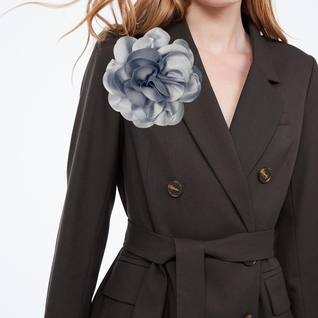 ZZ ZINFANDEL 19mm Extra Large Rose Flower Brooches Lapel Pins Dainty Satin Fabric Brooches Big Camellia Flower Brooch Pin for Women Wedding Part Dance Clothes Accessories Jewelry Gifts (gray)