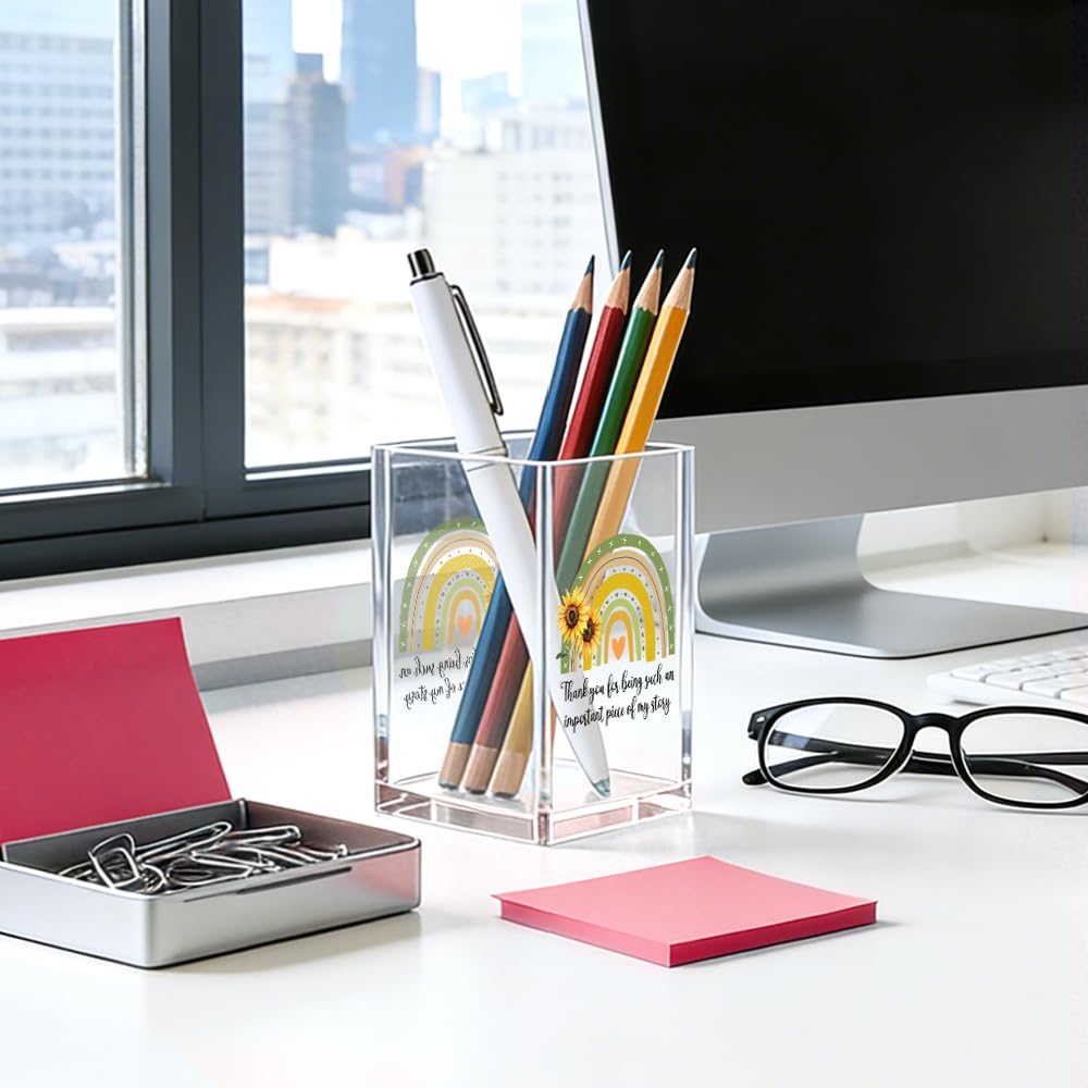 MGLZXLU Thank You For Being Such An Important Piece Of My Story Acrylic Pencil Pen Holder Cup, Teacher Makeup Brush Storage Organizer, Teachers' Day Desk Accessories Holder Gifts for Teacher Mentor