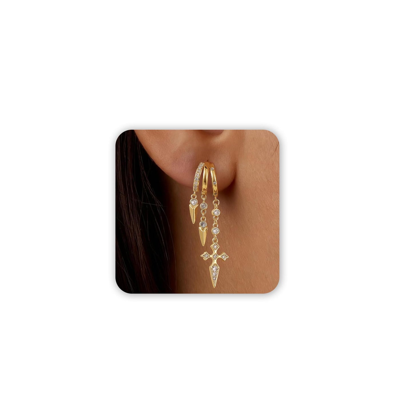 Freekiss Gold Cross Dangle Earrings for Women, 3 Hoop Illusion Huggie Drop Earring Set with Zircon, 14K Gold Plated Hypoallergenic Stud Earrings Gothic Jewelry for Women