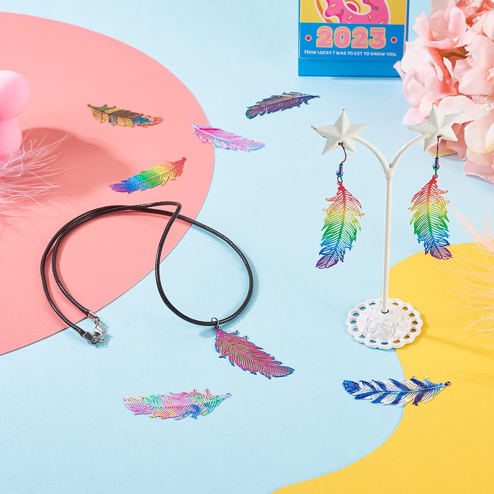 FASHEWELRY 48Pcs Stainless Steel Rainbow Feather Charms Metal Wings Earring Connector Charms Filigree Metal Embellishments for Jewelry Making DIY Bracelet Necklace