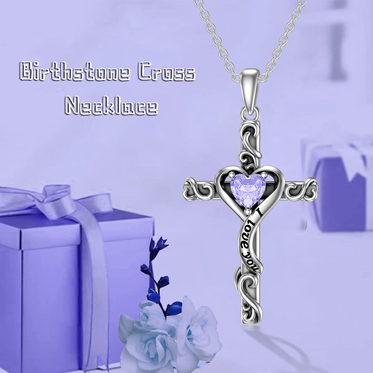 TOUPOP Alexandrite Cross Necklace for Women Sterling Silver June Birthstone Cross Pendant Necklace Heart Love Jewelry for Her Girlfriend Wife Mom Anniversary Birthday Mothers Day Gifts