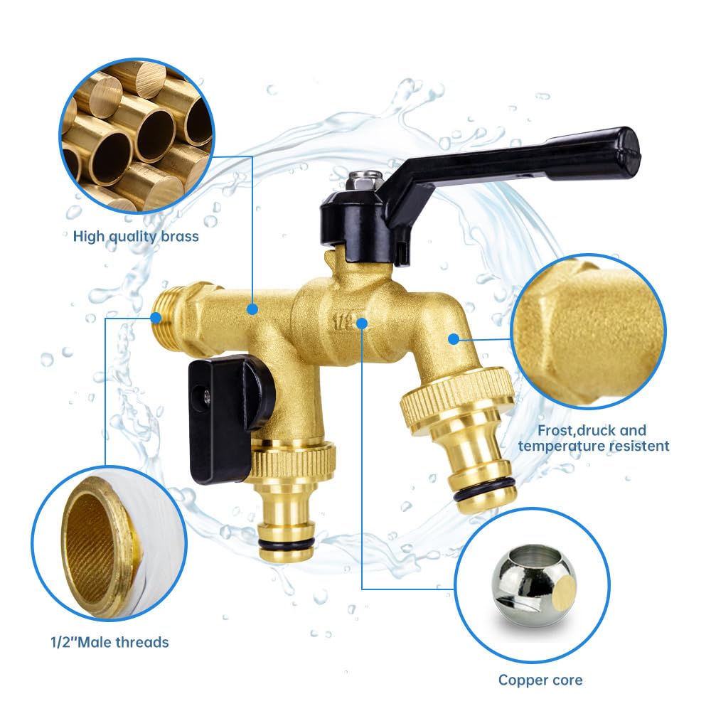 Tmok Double Taps Outdoor Water Garden Faucet 1/2" X3/4" X3/4" Double Outlet Faucet,2 Way splitter With Garden Hose Quick Connecetor,teflon taps,rubber washer for Outdoor Garden Irrigation Washing