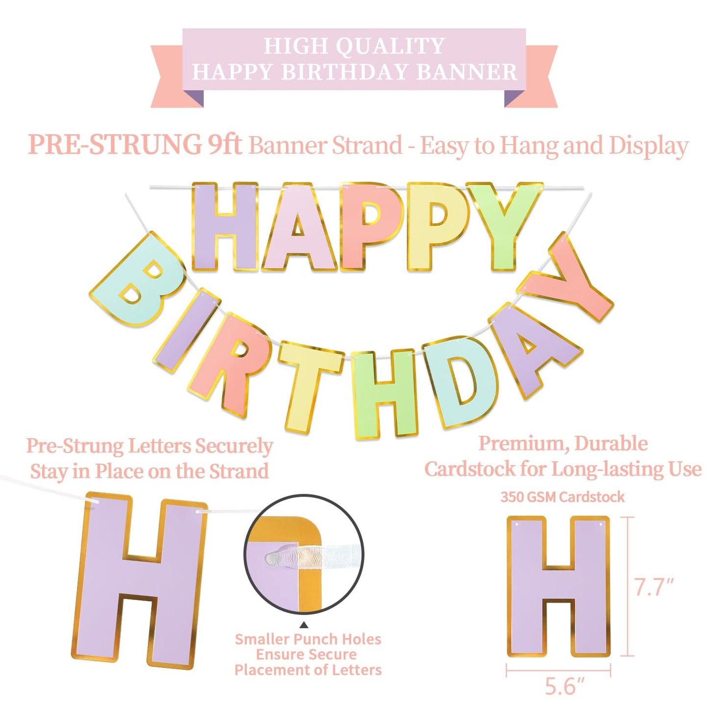 LITAUS Pastel Birthday Decorations Kit - 17-Piece Set with Pre-Strung Happy Birthday Banner, Honeycomb Balls, Garland & Swirls | Macaron Theme Party Supplies for Women Girls Kids, Teens Adults